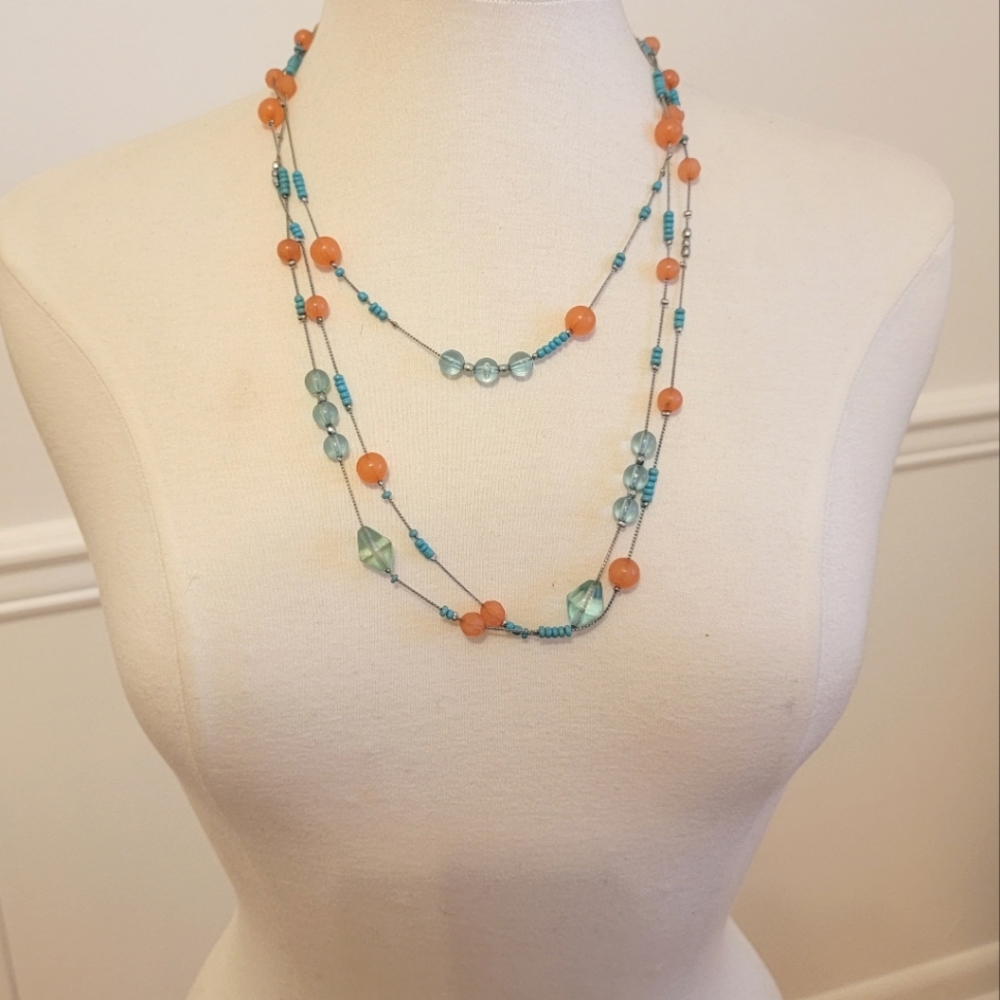 🔴 CHARMING CHARLIE Extra Long Beaded Silver Tone Chain Necklace Blue Coral